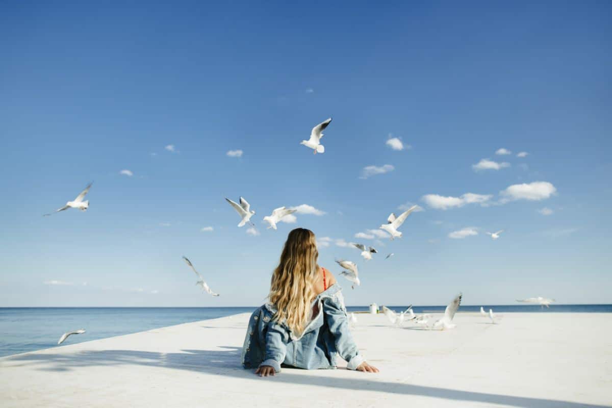 girl sits berth watch seagulls